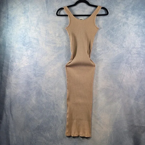 HM Ribbed Knit Midi Dress Tan Beige Sleeveless Bodycon Scoop Neck XS - Picture 6 of 8